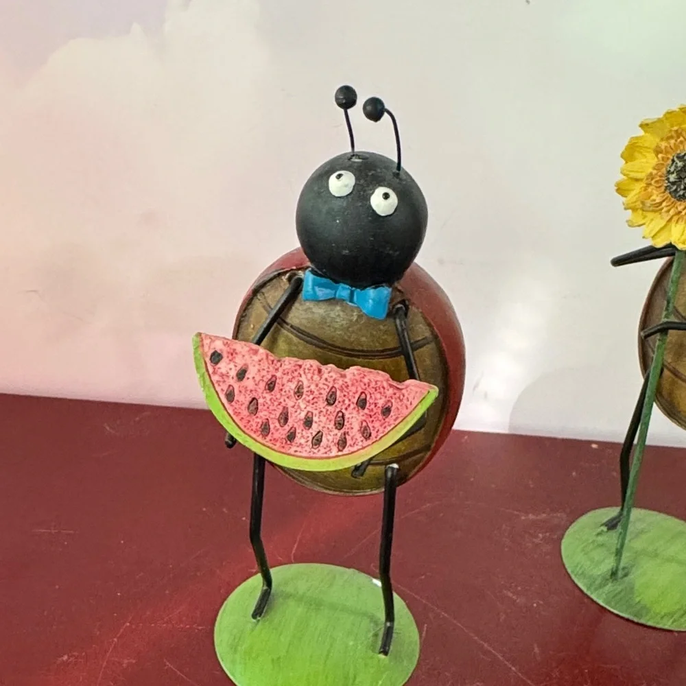 Pair of Whimsical Ladybug Figurines with Watermelon and Sunflower